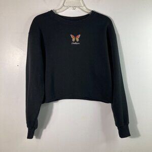 Womens Hollister Cropped Embroiedered Butterfly Sweatshirt Black M Cotton Polyes